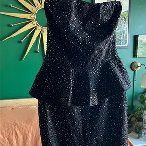 Zara Black Beaded Peplum Mini Dress | Strapless | XS | Stretch Bodycon